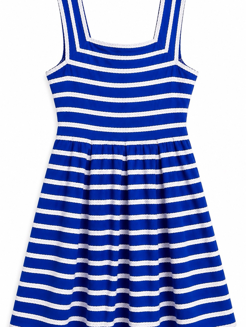 Max Studio Colbalt White Stripped Cotton Dress Braided Trim Sleeveless Fit Flare